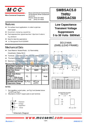 SMBSAC26 datasheet - Low Capacitance Transient Voltage Suppressors 5 to 50 Volts 500Watt