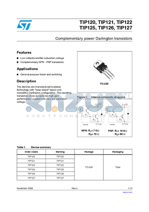 TIP125 datasheet - Complementary power Darlington transistors