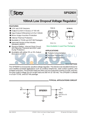 SPX2931AN datasheet - 100mA Low Dropout Voltage Regulator