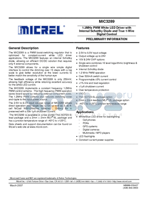 MIC3289 datasheet - 1.2MHz PWM White LED Driver with Internal Schottky Diode and True 1-Wire Digital Control