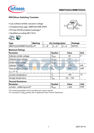 SMBT2222A datasheet - NPN Silicon Switching Transistor Low collector-emitter saturation voltage