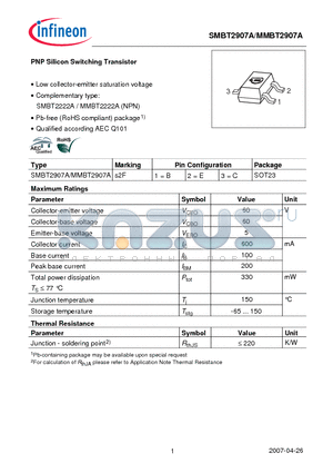 SMBT2907A datasheet - PNP Silicon Switching Transistor Low collector-emitter saturation voltage