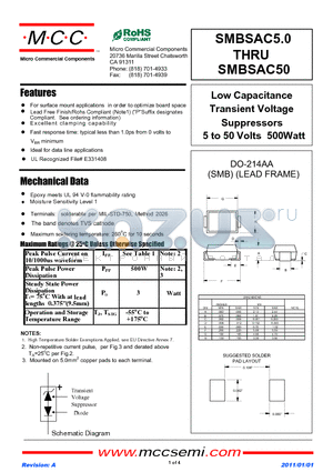 SMBSAC6.0 datasheet - Low Capacitance Transient Voltage Suppressors 5 to 50 Volts 500Watt