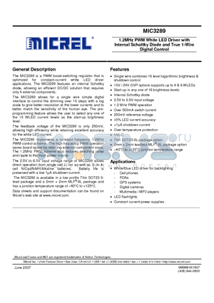 MIC3289_0706 datasheet - 1.2MHz PWM White LED Driver with Internal Schottky Diode and True 1-Wire Digital Control