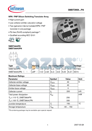 SMBT3904UPN datasheet - NPN / PNP Silicon Switching Transistor Array Low collector-emitter saturation voltage