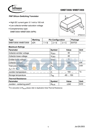 SMBT3906 datasheet - PNP Silicon Switching Transistor