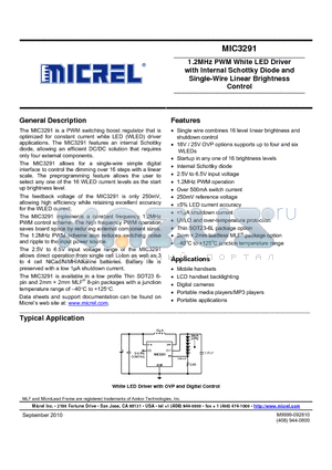 MIC3291-18YM6 datasheet - 1.2MHz PWM White LED Driver with Internal Schottky Diode and Single-Wire Linear Brightness Control