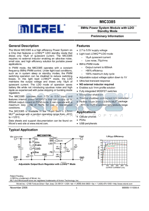 MIC3385 datasheet - 8MHz Power System Module with LDO Standby Mode