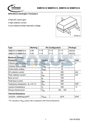 SMBTA14 datasheet - NPN Silicon Darlington Transistors