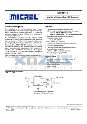 MIC35152WD datasheet - 1.5A, Low Voltage lCap LDO Regulator