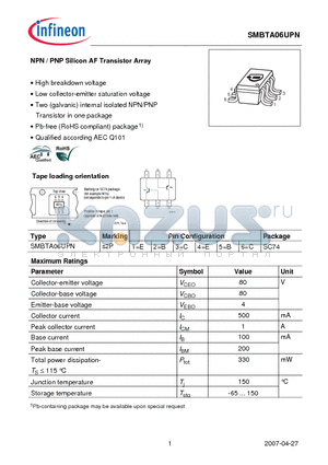 SMBTA06UPN datasheet - NPN / PNP Silicon AF Transistor Array High breakdown voltage