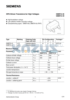 SMBTA42 datasheet - NPN Silicon Transistors for High Voltages