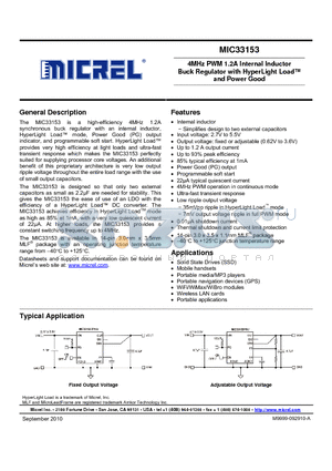 MIC33153-4YHJ datasheet - 4MHz PWM 1.2A Internal Inductor Buck Regulator with HyperLight Load and Power Good