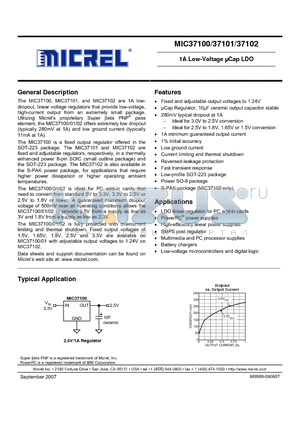 MIC37100 datasheet - 1A Low-Voltage lCap LDO