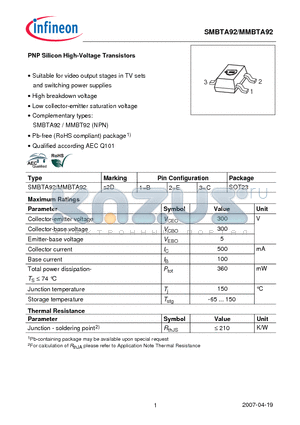 SMBTA92 datasheet - PNP Silicon High-Voltage Transistors Suitable for video output stages in TV sets and switching power supplies