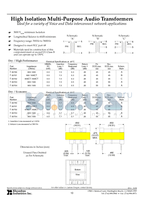 T-30704 datasheet - High Isolation Multi-Purpose Audio Transformers