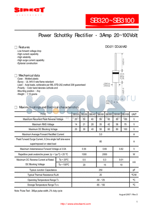 SB350 datasheet - Power Schottky Rectifier - 3Amp 20~100Volt