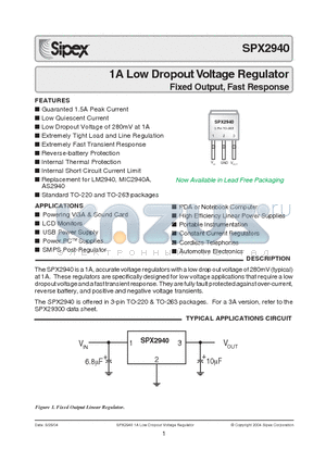 SPX2940T-1.8 datasheet - 1A Low Dropout Voltage Regulator Fixed Output, Fast Response