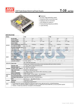 T-30A datasheet - 30W Triple Output Switching Power Supply