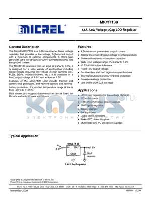 MIC37139-2.5YS datasheet - 1.5A, Low-Voltage lCap LDO Regulator