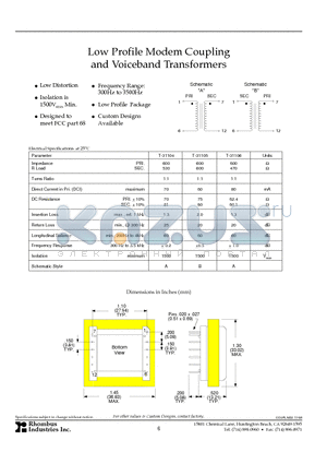 T-31105 datasheet - Low Profile Modem Coupling and Voiceband Transformers