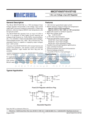 MIC37150-2.5BR datasheet - 1.5 A LOW VOLTAGE UCAP LDO REGULATOR