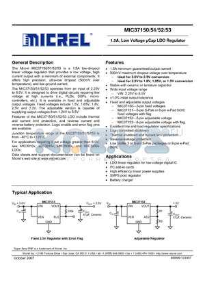 MIC37151-1.8YME datasheet - 1.5A, Low Voltage lCap LDO Regulator