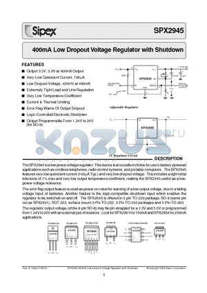 SPX2945U5-5.0 datasheet - 500mA Low Drop Out Voltage Regulator with Shutdown
