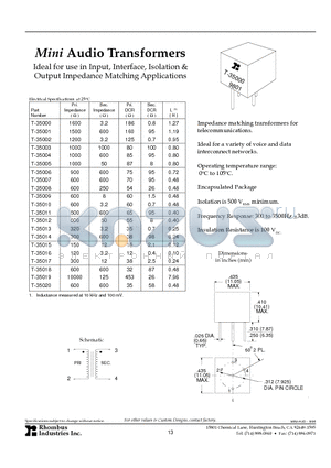 T-35003 datasheet - Mini Audio Transformers