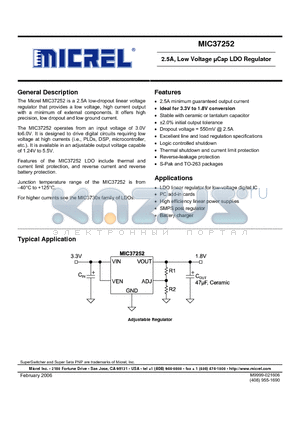 MIC37252WR datasheet - 2.5A, Low Voltage lCap LDO Regulator