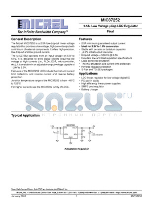 MIC37252 datasheet - 2.5A, Low Voltage UCap LDO Regulator