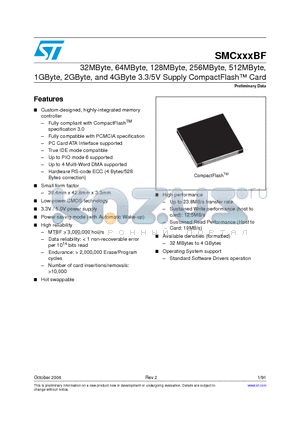 SMC01GBFY6E datasheet - 32MByte, 64MByte, 128MByte, 256MByte, 512MByte, 1GByte, 2GByte, and 4GByte 3.3/5V Supply CompactFlash Card