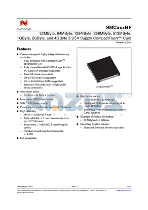 SMC032BF datasheet - 32MByte, 64MByte, 128MByte, 256MByte, 512MByte, 1GByte, 2GByte, and 4GByte 3.3/5V Supply CompactFlash Card