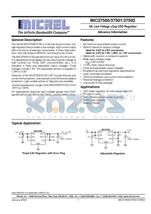 MIC37501 datasheet - 5A, Low voltage uCap LDO REgulator