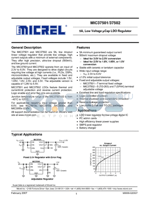 MIC37501 datasheet - 5A, Low Voltage lCap LDO Regulator