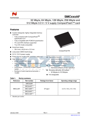 SMC128AF datasheet - 32 Mbyte, 64 Mbyte, 128 Mbyte, 256 Mbyte and 512 Mbyte 3.3 V / 5 V supply CompactFlash card