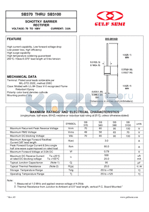 SB370 datasheet - SCHOTTKY BARRIER RECTIFIER VOLTAGE: 70 TO 100V CURRENT: 3.0A