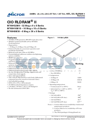 MT49H8M36 datasheet - 288Mb: x9, x18, x36 2.5V VEXT, 1.8V VDD, HSTL, CIO, RLDRAM II