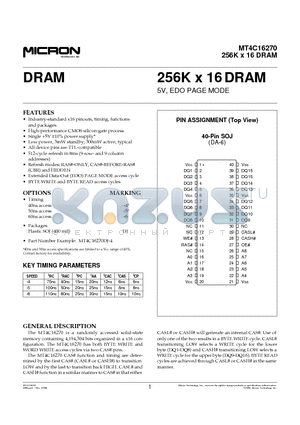 MT4C16270 datasheet - DRAM 256K X 16 DRAM  5V, EDO PAGE MODE