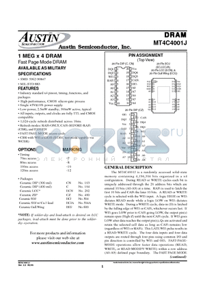 MT4C4001J datasheet - 1 MEG x 4 DRAM Fast Page Mode DRAM