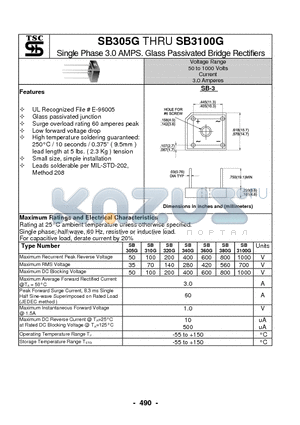 SB380G datasheet - Single Phase 3.0 AMPS. Glass Passivated Bridge Rectifiers