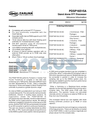PDSP16350 datasheet - Stand Alone FFT Processor