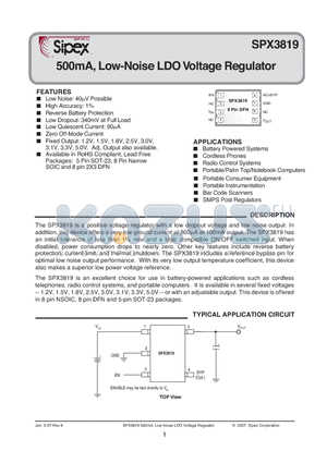 SPX3819 datasheet - 500mA, Low-Noise LDO Voltage Regulator