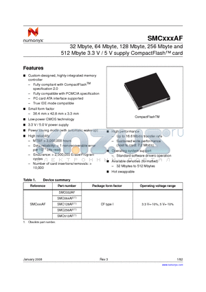 SMC512AFY6 datasheet - 32 Mbyte, 64 Mbyte, 128 Mbyte, 256 Mbyte and 512 Mbyte 3.3 V / 5 V supply CompactFlash card