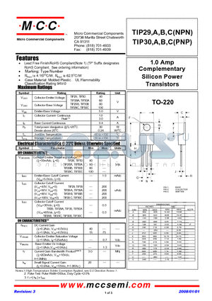TIP30 datasheet - 1.0 Amp Complementary Silicon Power Transistors