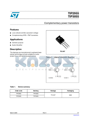 TIP3055 datasheet - Complementary power transistors