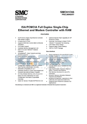 SMC91C95 datasheet - ISA/PCMCIA Full Duplex Single-Chip Ethernet and Modem Controller with RAM