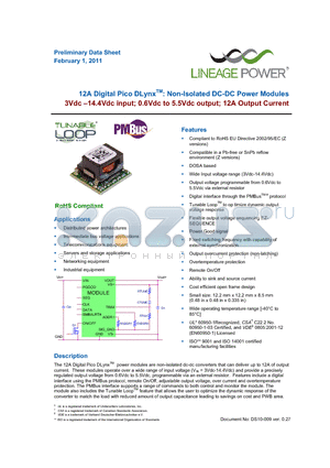 PDT012A0X43-SRZ datasheet - 12A Digital Pico DLynxTM: Non-Isolated DC-DC Power Modules