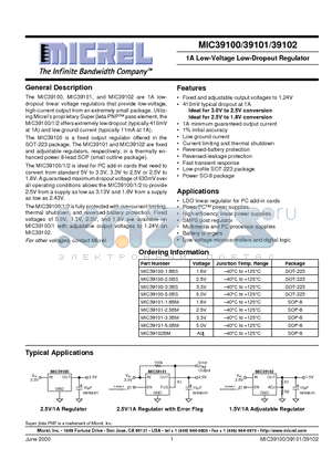 MIC39100 datasheet - 1A Low-Voltage Low-Dropout Regulator