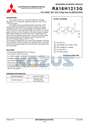 RA18H1213G-01 datasheet - 1.24-1.30GHz 18W 12.5V, 3 Stage Amp. For MOBILE RADIO